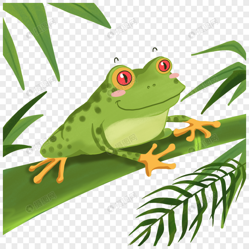 夏季卡通可爱趴在竹子上的青蛙图片