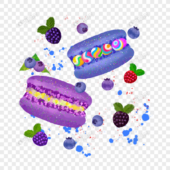 水彩甜点水果覆盆子蓝莓食物马卡龙饼干图片