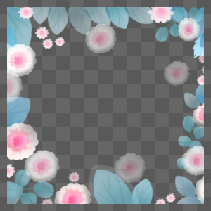 水彩蓝色叶子粉色花卉光效边框图片