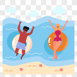游泳的男女夏季海边人物插画图片