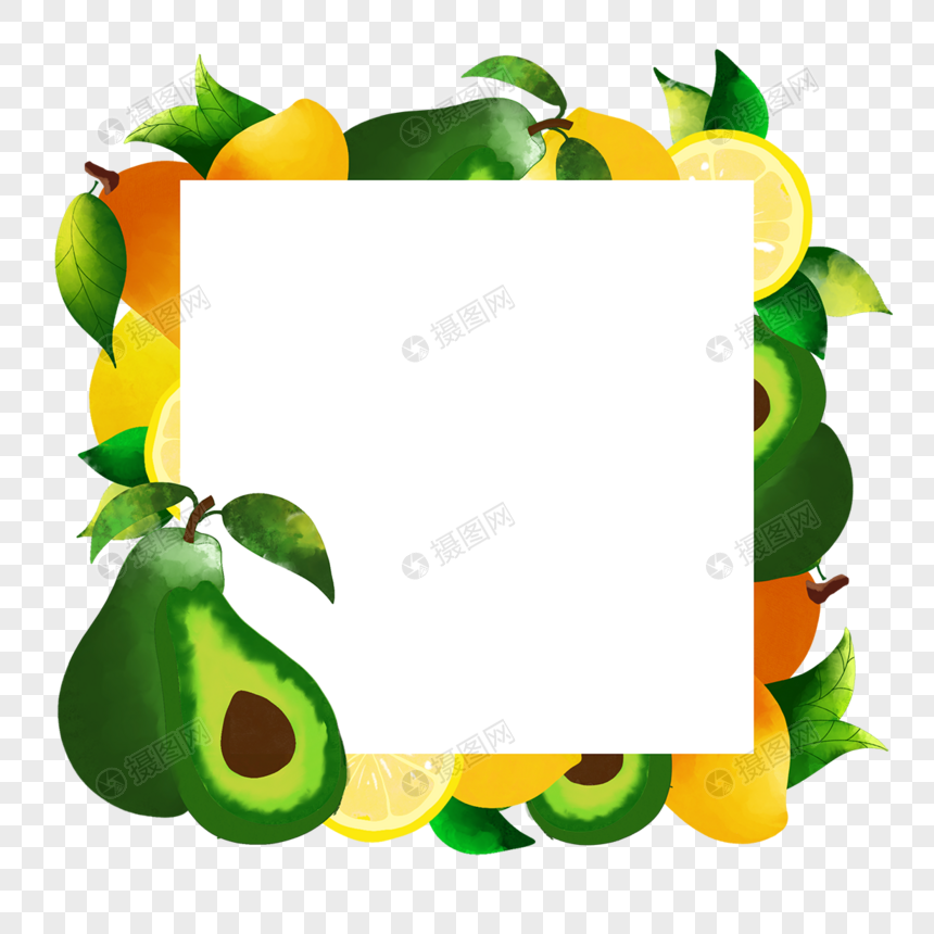 牛油果方形水果水彩边框图片