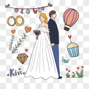 热气球卡通婚礼插画图片