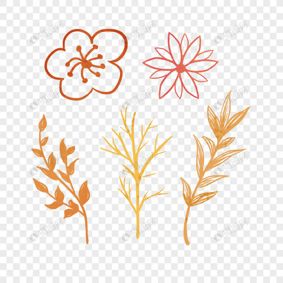 手拉的水彩秋叶植物元素图片