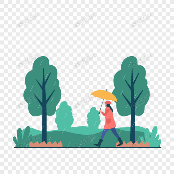 雨天打伞戴帽子走在公园里的女人插画图片