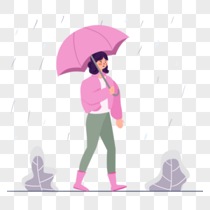 穿着紫色外套的女孩雨中打伞插画图片