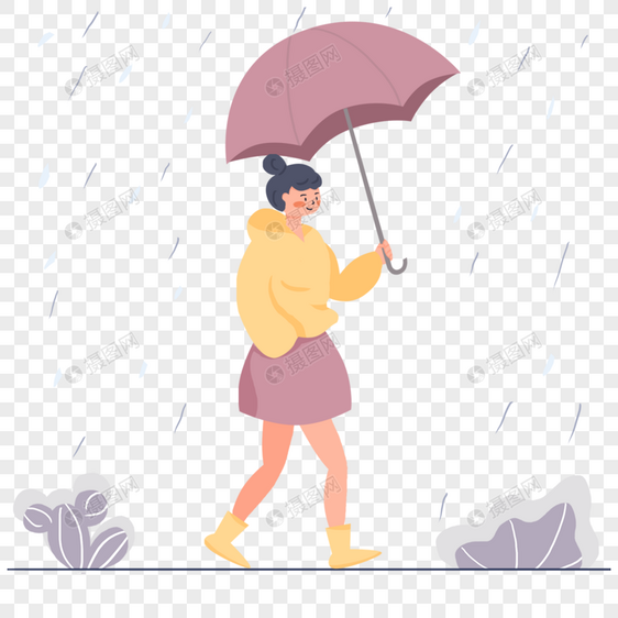 穿着靴子的女孩雨中打伞插画图片