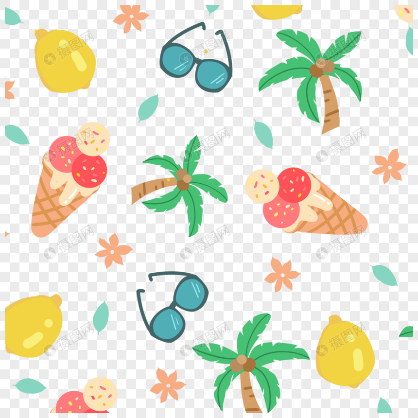 卡通夏天集合冰激凌柠檬椰子树图片
