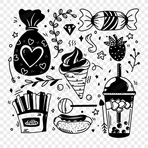 甜品饮料食物单线黑白涂鸦图片