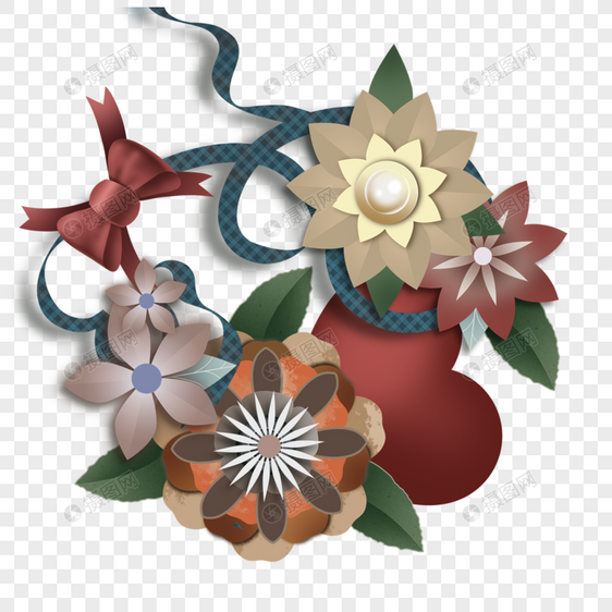亚麻花卉装饰格纹丝带图片