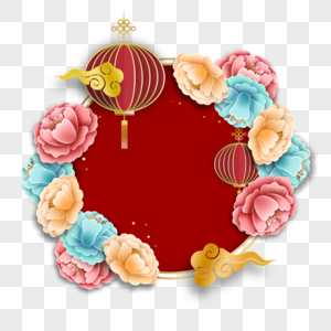 新年春节牡丹花卉红色圆形边框图片