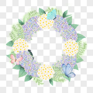 绣球花卉水彩蝴蝶圆形边框图片