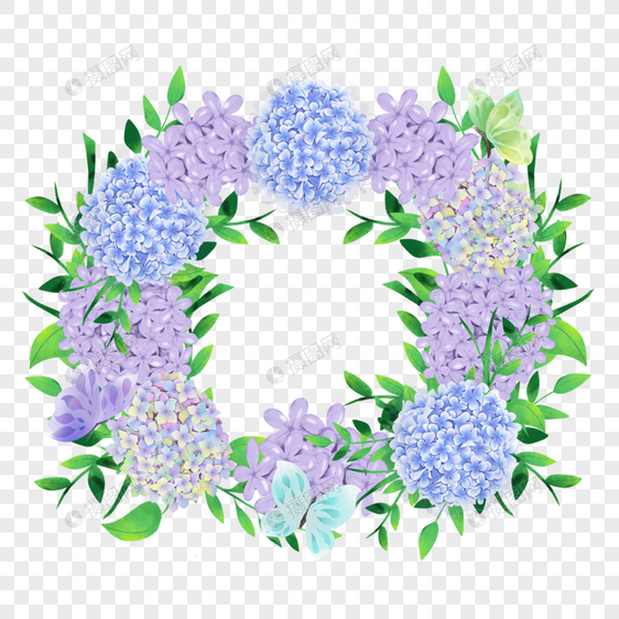绣球花卉水彩蝴蝶紫色边框图片