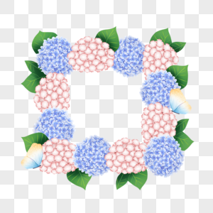 绣球花卉水彩蝴蝶正方形边框图片
