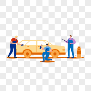 汽车和洗车工人扁平风格插画图片