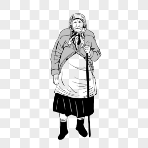 素描老奶奶带着头巾拄着拐杖站着图片