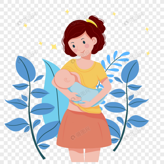 年轻漂亮的女在大自然下用乳房喂养婴儿插图图片
