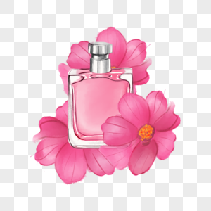 水彩香水瓶质感粉色花朵图片