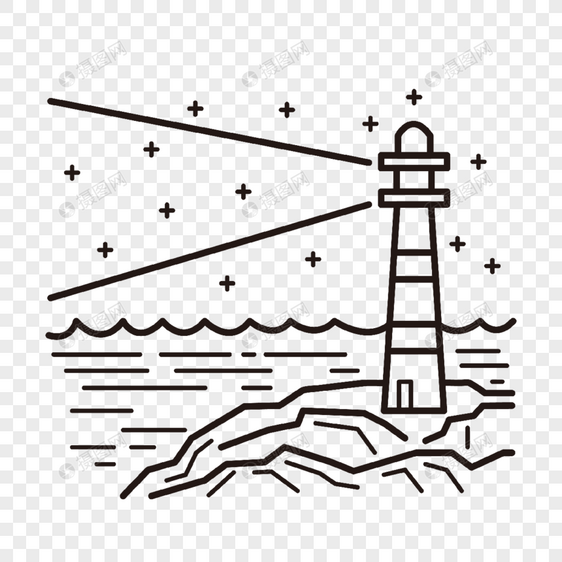 卡通线条海洋灯塔灯光海岸线星空插画图片