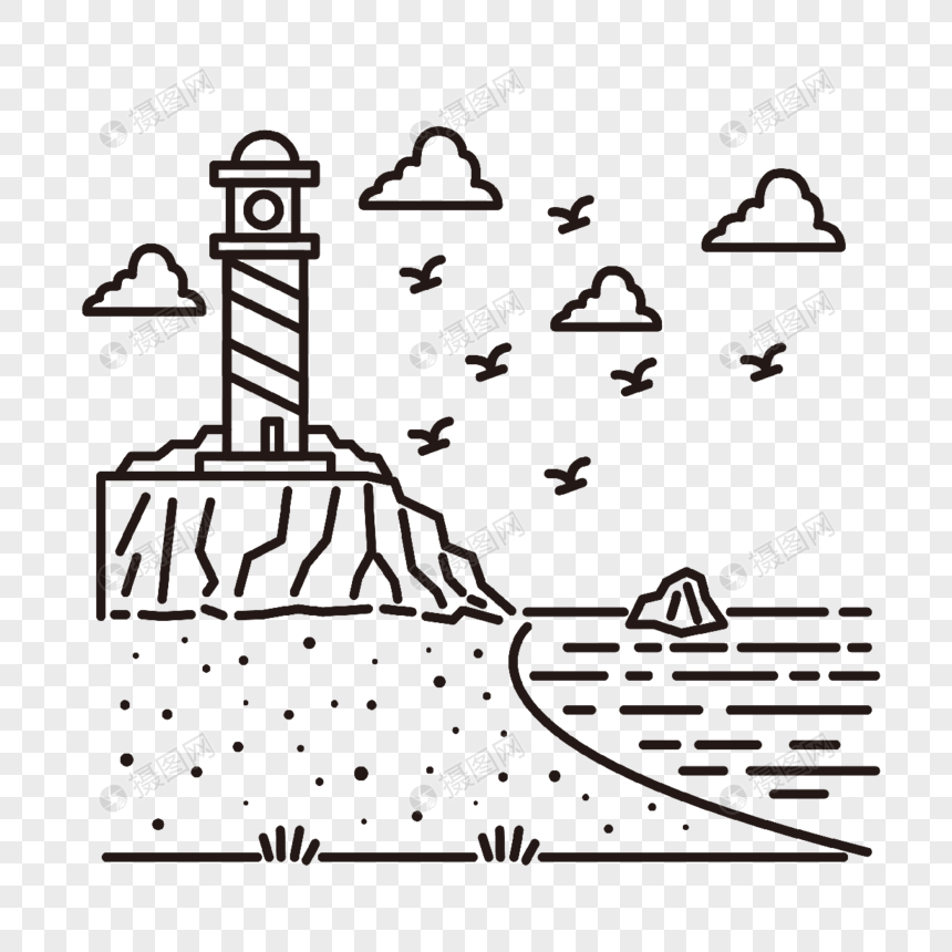 卡通线条海洋沙滩海岸灯塔插画图片