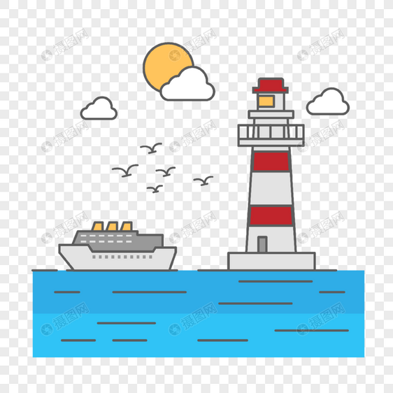 卡通海洋灯塔船只扁平风景插画图片