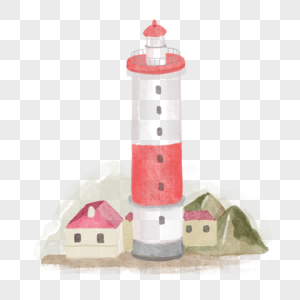 红色灯塔小房子与远山图片