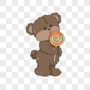 吃棒棒糖的卷毛泰迪熊插画图片