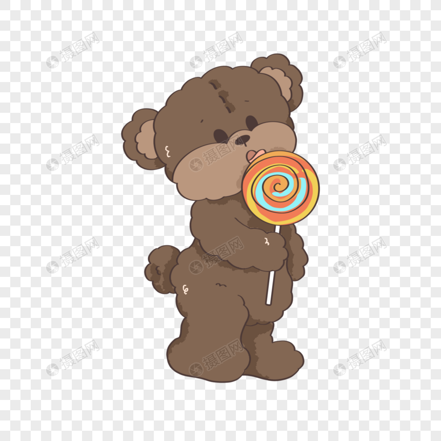 吃棒棒糖的卷毛泰迪熊插画图片