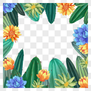 仙人掌植物彩色花朵水彩边框图片