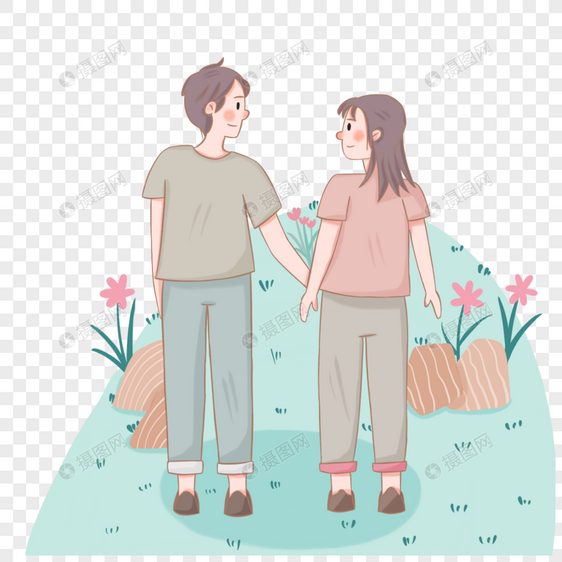 卡通男人女人旅行情侣绿色植物花朵粉色图片