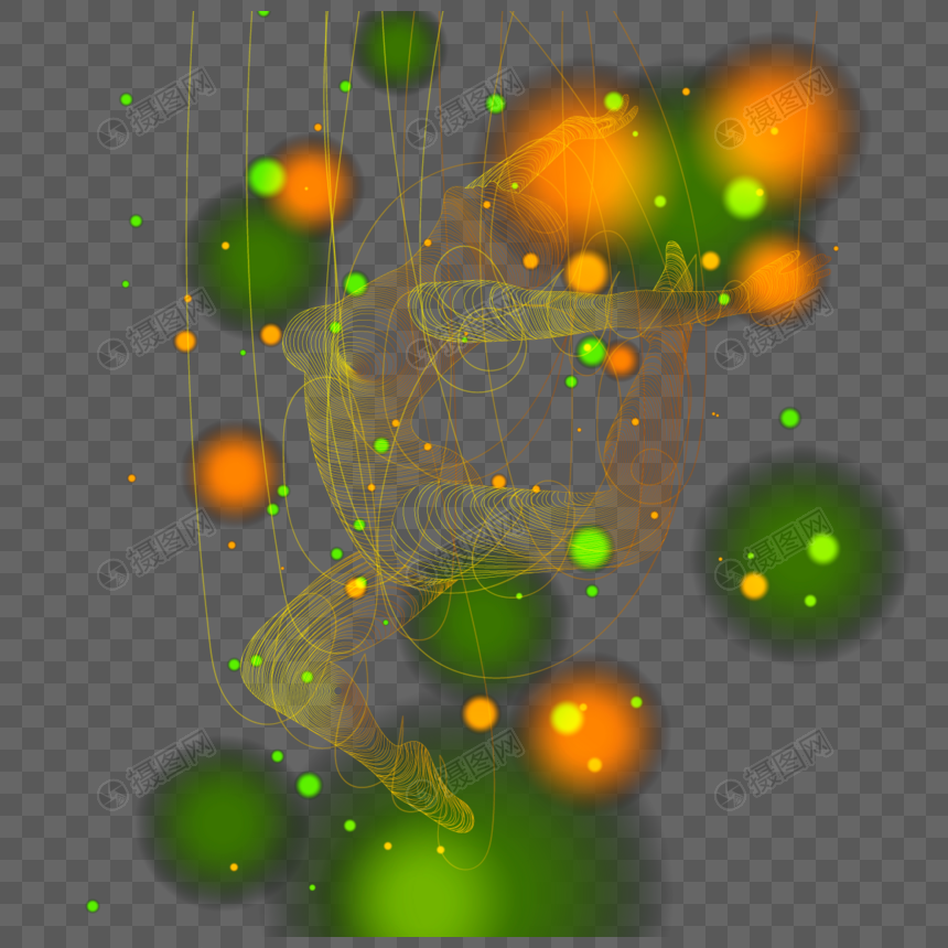 橙绿色光点中跳舞的抽象光效线条人物图片
