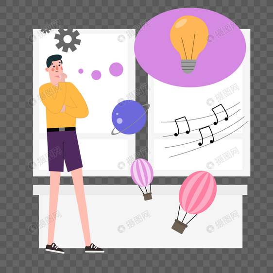 灯泡热气球和齿轮人物思考创意概念插画图片
