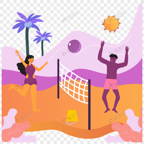 卡通沙滩排球夏季海边人物插画图片