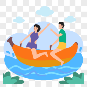 划香蕉船的夏季海边人物插画图片