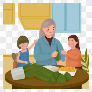 家人团聚端午节包粽子图片