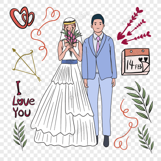 甜蜜结婚卡通婚礼插画图片