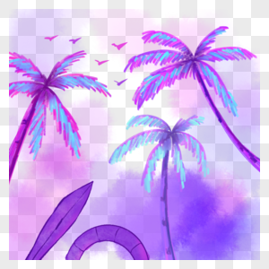 水彩风格海边景色紫色椰子树图片