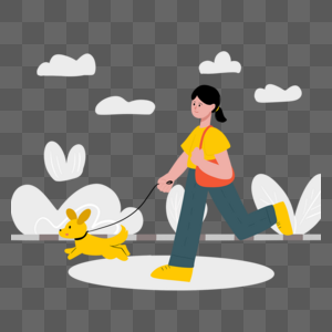 黄衣女孩公园遛狗抽象插画图片