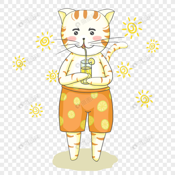 夏季卡通可爱的喝饮料猫咪形象图片
