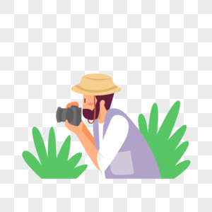 草丛中戴帽子的摄影师用相机拍照插画图片