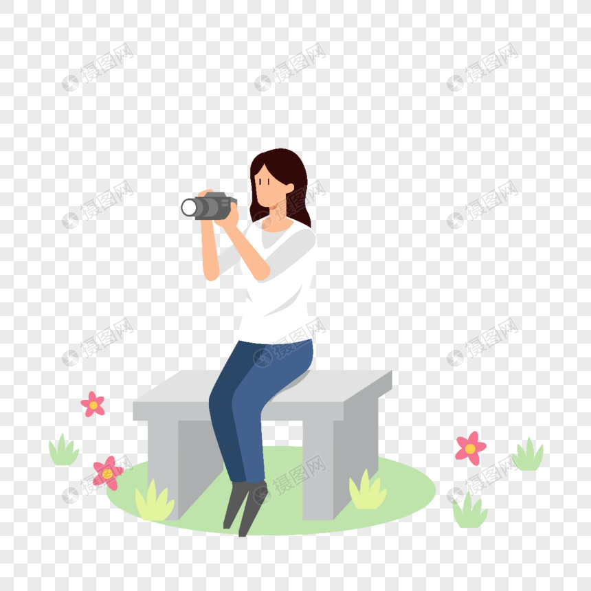 女摄影师坐在石凳上用相机拍照插画图片