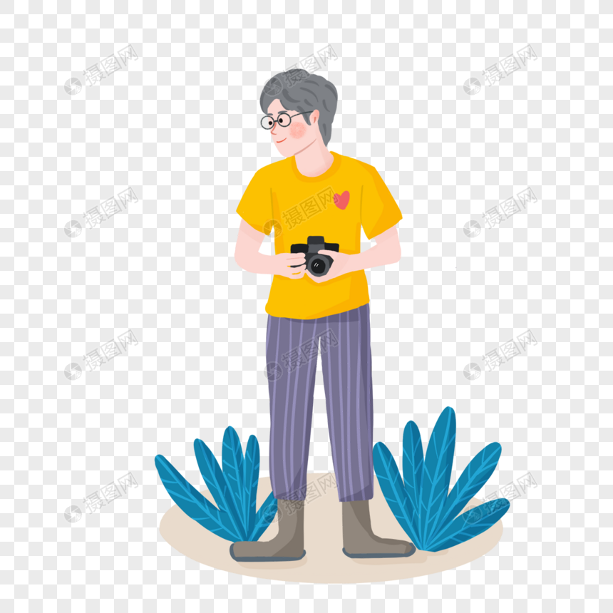 可爱摄影师拿着相机站在植物边拍照黄色短袖图片
