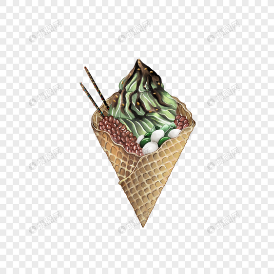 水彩夏季抹茶华夫筒冰淇淋图片