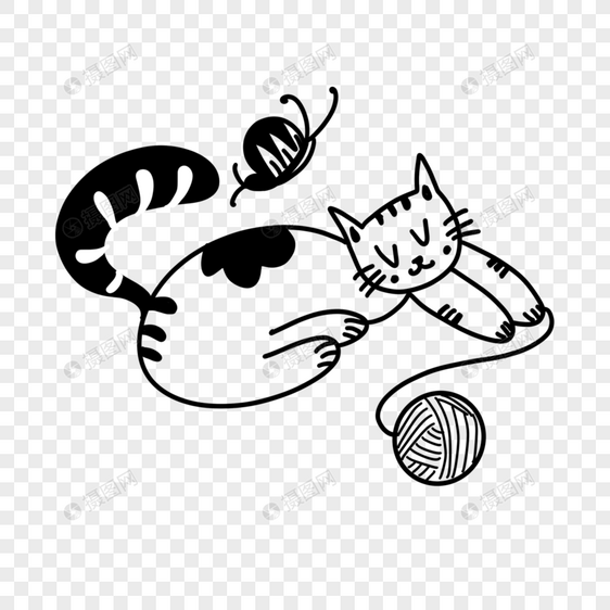 创意黑白单色涂鸦万线团的猫咪图片