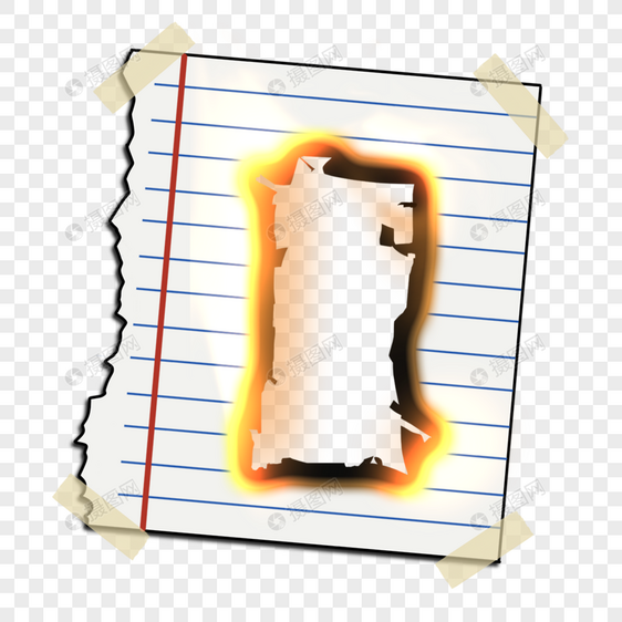 蓝色笔记本纸火焰燃烧橙色撕纸图片