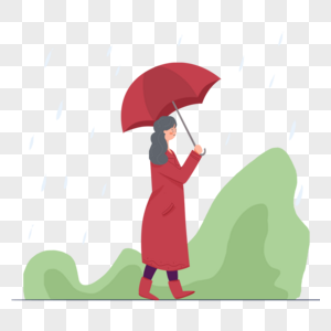 穿着红色大衣的女人雨中打伞插画图片