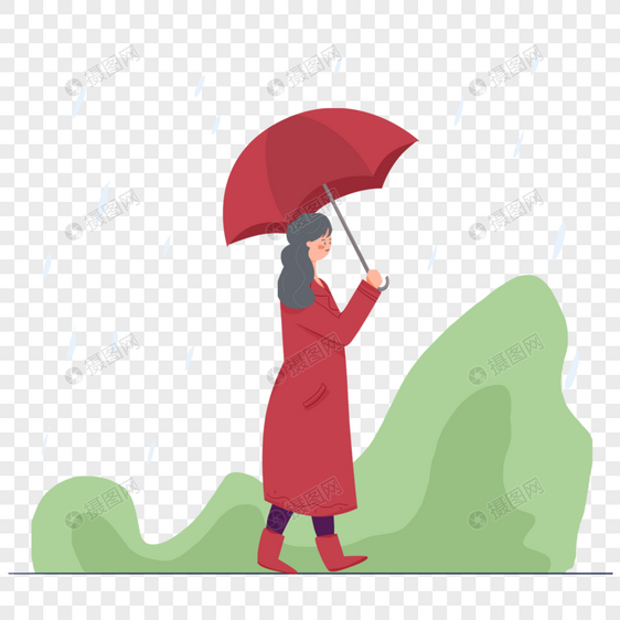 穿着红色大衣的女人雨中打伞插画图片