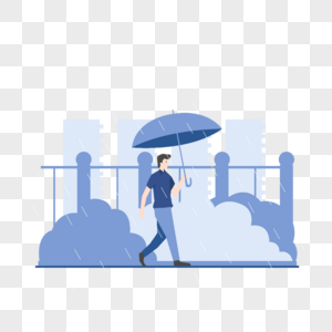 雨天打伞路边行走的男人插画图片