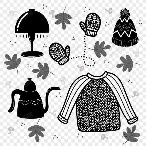 冬季毛衣手套茶壶台灯黑白涂鸦图片