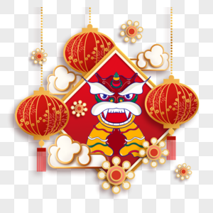 农历春节舞狮边框灯笼图片
