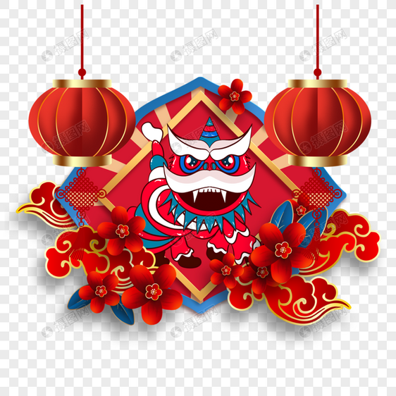 农历春节舞狮边框红色图片